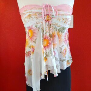 Papaya Y2K Sheer Chiffon Floral Top  Hi-Lo Strapless  Size Medium